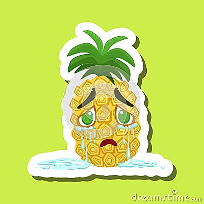 Pineapple Crying With Tears Running Down, Cute Emoji Sticker On Green Background Vector Illustration