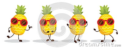 Pineapple cute characters set for summer tropical stickers Vector Illustration