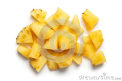 Pineapple Cuts Isolated, Raw Ananas Pieces, Comosus Tropical Fruit Chunks, Ripe Pine Apple Slices on White Stock Photo