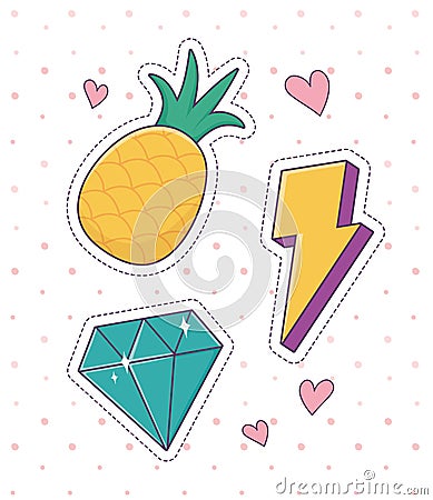 Pineapple diamond thunderbolt patch fashion badge sticker decoration icon Vector Illustration
