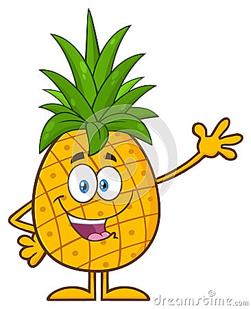 Pineapple Fruit With Green Leafs Character Waving For Greeting Vector Illustration