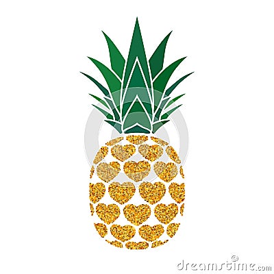 Pineapple golden with hearts. Tropical gold exotic fruit isolated white background. Symbol of organic food, summer Vector Illustration