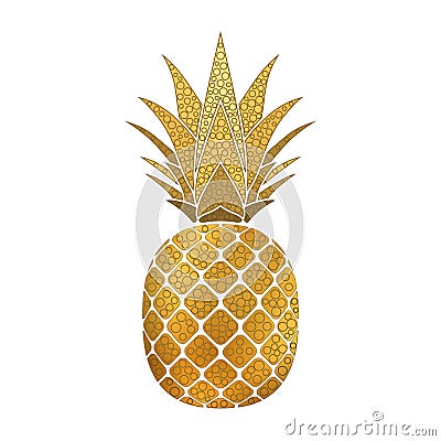 Pineapple golden with leaf, circles, polka dot. Tropical gold exotic fruit isolated white background. Symbol organic Vector Illustration