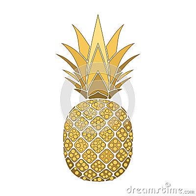 Pineapple golden with leaf, circles, polka dot. Tropical gold exotic fruit isolated white background. Symbol organic Vector Illustration