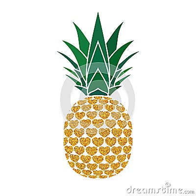 Pineapple golden sign with hearts for t-shirt. Tropical gold exotic fruit isolated white background. Love sign. Cute Vector Illustration