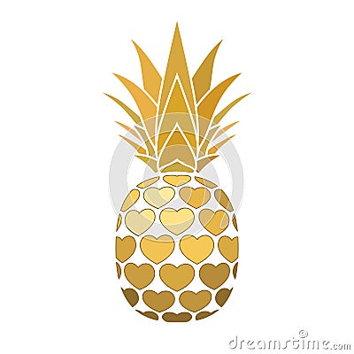 Pineapple golden sign with hearts for t-shirt. Tropical gold exotic fruit isolated white background. Love sign. Cute Vector Illustration