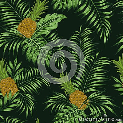 Pineapple green leaves black background seamless Vector Illustration