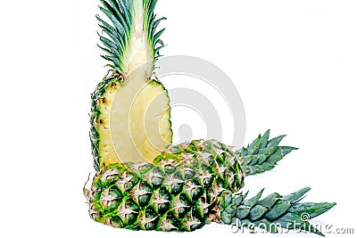 Pineapple half. Pineapple slice isolated on white. Pineapple with leaves. Full depth of field Stock Photo