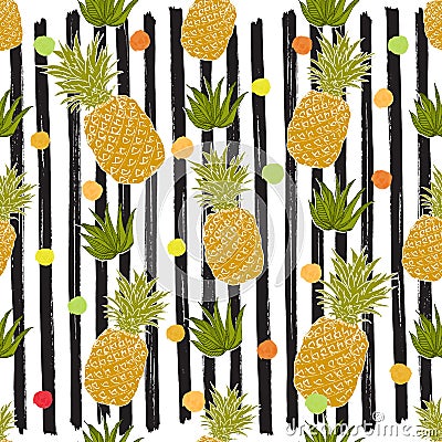 Pineapple hand drawn sketch striped Seamless Pattern. Vector Illustration. Vector Illustration