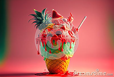 Pineapple ice cream with cone and straw, Generative Ai Stock Photo