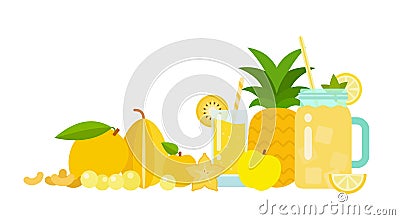 Pineapple juice in a glass, lemonade in a glass jar with set of exotic fruits of yellow color flat isolated Vector Illustration