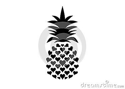 Pineapple with leaf logo icon, heart shape design. Tropical fruit isolated on white background. Symbol of food, sweet, exotic Vector Illustration