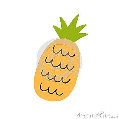 Pineapple with leaf. Sweet tropical fruit drawn in doodle style. Exotic ananas, fresh summer food icon. Ripe healthy Vector Illustration