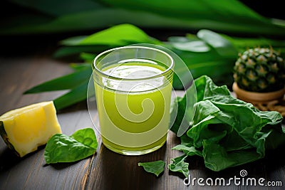 pineapple leaf top beside juice-filled glass Stock Photo