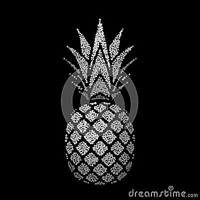 Pineapple with leaf. Tropical silver exotic fruit isolated black background. Symbol of organic food, summer, vitamin Vector Illustration