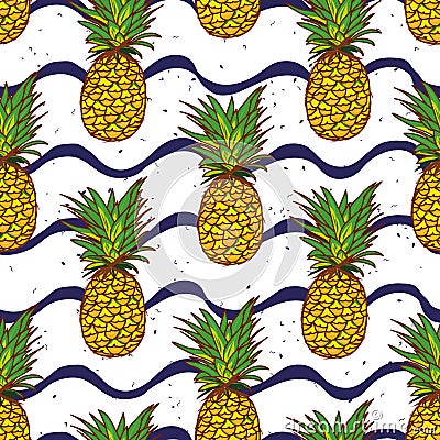 Pineapple and navy waves seamless vector print Vector Illustration