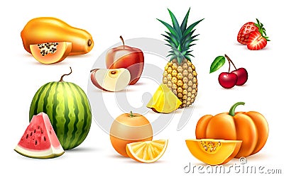 Pineapple papaya watermelon apple exotic fruit set Vector Illustration