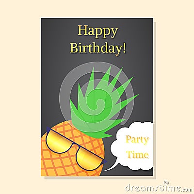 Pineapple with party glasses. Happy birthday postcard. Vector Illustration