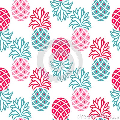 Pineapple pink and blue seamless vector pattern. Vector Illustration