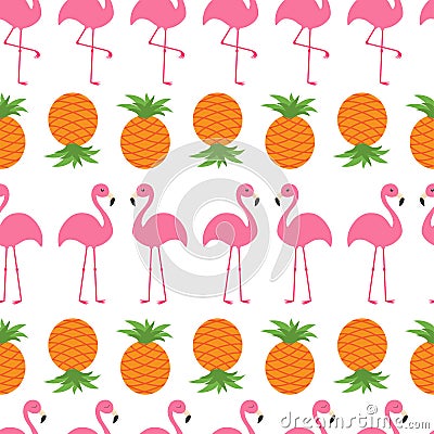 Pineapple Pink flamingo icon set. Seamless Pattern Wrapping paper, textile template. Vector Illustration