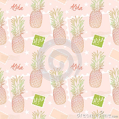 Pineapple and postage stamps, seamless pattern on a sorbet pink background. Aloha means Hello in Hawaii. Fruit delivery Vector Illustration