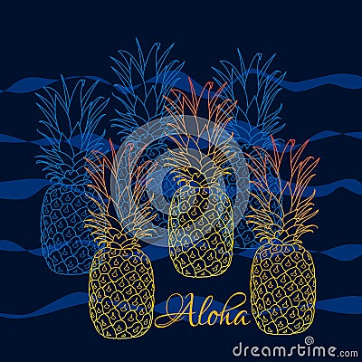 Pineapple poster, vector illustration. Hand drawn exotic tropical fruit in outline. Aloha means Hello in Hawaii Vector Illustration
