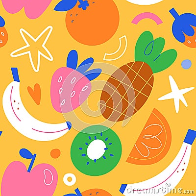 Pineapple print, tropical fruit background, banana, kiwi, strawberry, orange fruits and berries, stylized illustrations Vector Illustration