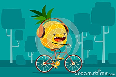 Pineapple riding bicycle in the park Vector Illustration