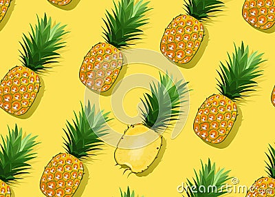 Pineapple seamless pattern whole and in longitudinal section on yellow background. Summer background. Ananas fruits Vector Illustration