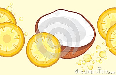 Pineapple slices and half coconut. Seamless border for design Vector Illustration