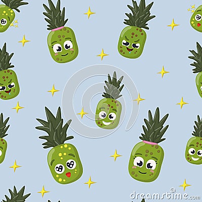 Pineapple smiling happy open minded cartoon character repeat seamless pattern on blue background Vector Illustration