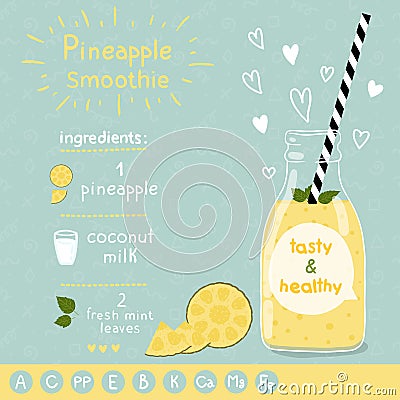 Pineapple smoothie recipe. Vector Illustration