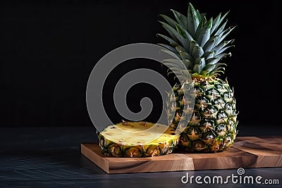 Pineapple stands on a wooden board on a dark background. On the left is a slice of pineapple Stock Photo