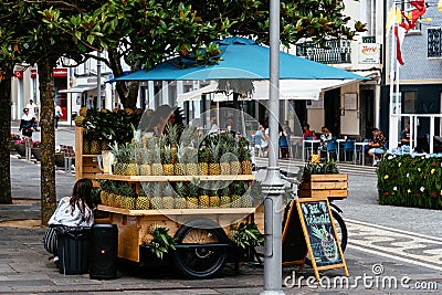 Pineapple street stall in the old town of Ponta Delgada Editorial Stock Photo