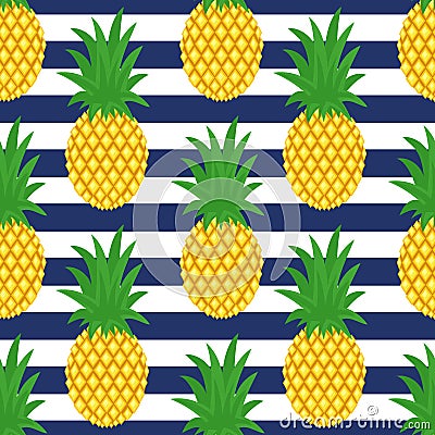 Pineapple on striped background. Cute vector pineapple pattern. Vector Illustration