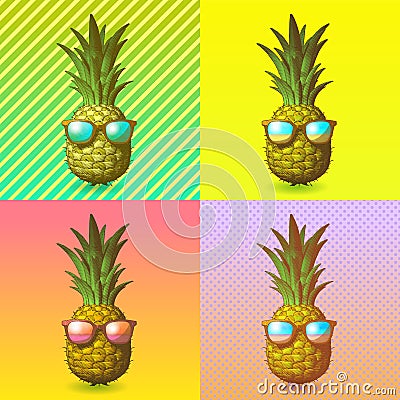 Pineapple with sunglasses illustration on pop art BG Vector Illustration
