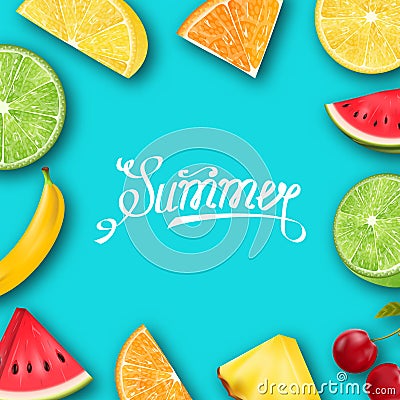 Pineapple, Watermelon, Banana, Cherry, Orange, Lemon, Lime , Summer Frame Vector Illustration