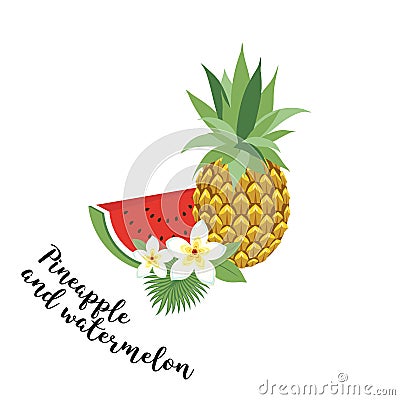 Pineapple and watermelon - , illustration. Fruit set. Icons tropical fruits with leaves and flowers. Set of trendy il Cartoon Illustration