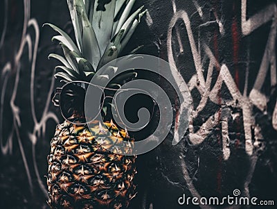 A pineapple wearing sunglasses against a graffiti covered wall. AI generative image. Stock Photo