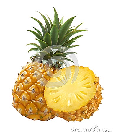 Pineapple whole and half isolated on white background Stock Photo