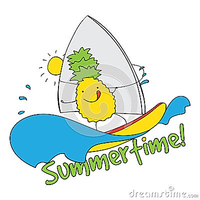 Pineapple windsurfing summertime illustration. Cartoon Illustration