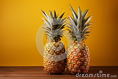 Pineapples golden glow on a soft yellow canvas, space for text Stock Photo