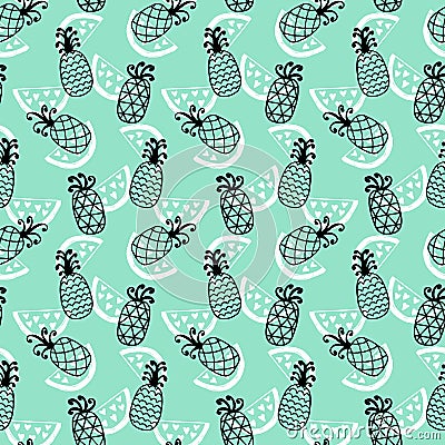 Pineapples seamless pattern on mint background Vector Illustration