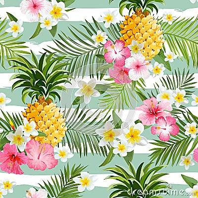 Pineapples and Tropical Flowers Geometry Background Vector Illustration