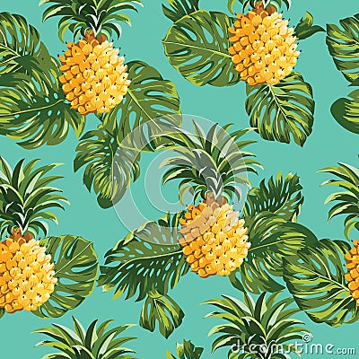 Pineapples and Tropical Leaves Background Vector Illustration