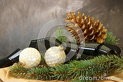 Pinecone, Christmas bulbs, pine branches Stock Photo