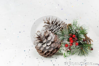 Pinecones and berries in a winter Christmas scene. Copy space. Stock Photo