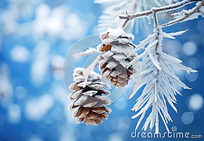 a pinecones on a branch with snow on it Stock Photo