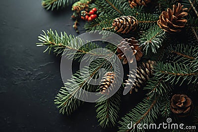 a pinecones and pine cones on a black surface Stock Photo