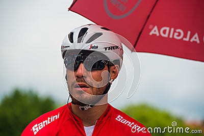 Pinerolo, Italy May 27, 2016; Giacomo Nizzolo, Treck Segafredo Team, in red jersey ready to start for the stage. Editorial Stock Photo
